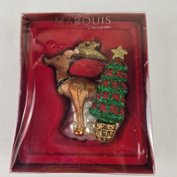 Marquis by Waterford Reindeer With Tree Christmas Ornament Hand Painted Glass - Picture 1 of 8